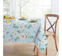 Daisy Blue Floral Sunflower Fabric Printed Tablecloth - Spring/Summer Waterproof, Wrinkle Free, Durable for Rectangle Tables 60 X 84, 60 X 102, 60 X 120 Inch