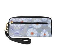 Daisy Blue. Print Leather Small Makeup Bag â€“ Reusable Cosmetic Accessories Organizer, Travel Toiletry Bag