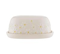Daisy Butter Dish Ceramic Hand Painted Flower Embossed White Cheese Storage