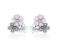 Daisy Cherry Blossom Flower Stud Earrings 925 Sterling Silver Pink Enamel CZ Crystal Wedding Earring Studs Post for Women Girls Fashion Jewelry Christmas Gifts Best Friend
