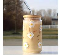Daisy Cup 16 oz Iced Coffee Cup, Cute Glass Bowls with Bamboo Lids and Straws, Beer Tin, Milk, Mocha Cups, Breakfast Cups, Girls, Women, Holiday, 500 ml