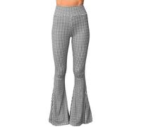 Daisy Del Sol High Waist Comfy Stretch Boho 70s Bell Bottom Fit to Flare Lounge Yoga Pants, Black Gingham, M