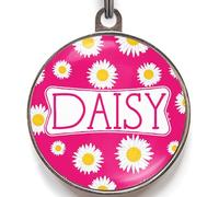 Daisy Dog Tag - Floral Pet ID with Custom Name Front - Personalised Back - Cute Flower Design for Pets - 2 Sizes - 36 Colour Options