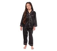 Daisy Dreamer Girls Long Pyjama Set Satin Silk Kids Pyjamas Sets Button Down Long Sleeve Easy Care Two Piece Comfy Sleepwear and Loungewear Pjs, 7-8 Years Black