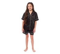 Daisy Dreamer Girls Short Pyjama Set Satin Silk Kids Pyjamas Sets Short Sleeve Button Down Easy Care Two Piece Comfy Sleepwear and Loungewear Pjs, 7-8 Years Black