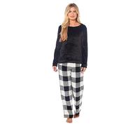 Daisy Dreamer Womens Buffalo Check Fleece Pyjamas Set Long Sleeve Top & Pajama Bottoms Soft Nightwear Loungewear Warm Pjs Sets, Black Small