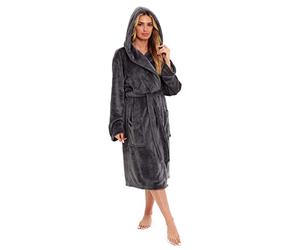 Daisy Dreamer Womens Hooded Dressing Gown Robes Flannel Fleece Long Super Soft Plush Robe Bathrobe Gowns for Ladies (Charcoal, L)