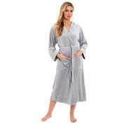Daisy Dreamer Womens Hooded Velour Robe Dressing Gown Stretch-Velour Belted Bath Robes Nightwear (Grey, S)