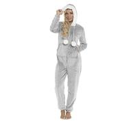 Daisy Dreamer Womens Shimmer Fleece One size All In One Hooded Pjs Ladies Nightwear Sleepwear Warm Loungewear with Pockets Zip Long Sleeve Pyjamas, Medium 12-14 Grey