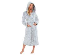 Daisy Dreamer Womens Snuggle Fleece Dressing Gown Robes Extra Long Super Soft Cuddly Velvet Touch Plush Bathrobe Gowns For Ladies, Grey Shimmer Small 8-10