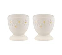 Daisy Egg Cup Holder Set Of 2 Ceramic Hand Painted Flower Embossed White Kitchen