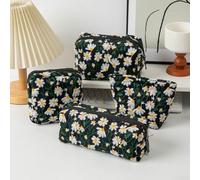 Daisy Embroidery Canvas Makeup Bag, Portable Multi-Function Floral Embroidered Cosmetic Bags Organizer Tool Zipper Cosmetic Bag for Travel (Black)