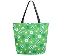 Daisy Floral Love Heart Plaid Print Reusable Grocery Shopping Bag Canvas Tote Bag Large Collapsible Washable Handbag Shoulder for Women