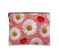 Daisy Floral Makeup Bag, Peach Flower Pattern Cosmetic Travel Pouch for Women, Portable Small Canvas Zipper Organizer, Spring Festival Gift Toiletry Bag, Peach, 7x9 Inch