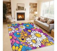 Daisy Floral Rugs Living Room Retro Colorful Flower Area Rugs for Bedroom 120 x 180, Printed Anti Slip Washable Short Pile Carpet for Kitchen Home Decor C-N2