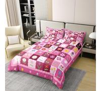 Daisy Flower 100% Cotton Duvet Cover Super King Size,Pink Grid Patchwork Bedding Set 3Pcs for Girls Boys Adult Room Decor,Colorful Bohemian Comforter Cover Nature Plants Quilt Cover,2 Pillowcases