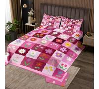 Daisy Flower Bedspread King Size,Pink Grid Patchwork Bedding Quilt 3Pcs for Woman Men Adults Room Decor,Colorful Bohemian Coverlet Sets Nature Plants Comforter Sets,2 Pillowcases