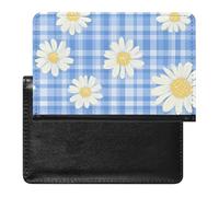 Daisy Flower Blue Checked Pattern Printed Passport Holder Cover PU Leather Travel Waterproof Slim Passport Wallet for Airport