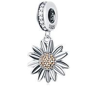 Daisy Flower Dangle Charms fits Pandora Valentines Day Bracelet, Antique 925 Sterling Silver Sparkle Sunflower Blossom CZ Pendant Beads, Floral Flower Gift for Wife/Couple/Girlfriend