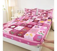 Daisy Flower Fitted Sheet King Size,Pink Grid Patchwork Bedding Sets 3Pcs for Girls Boys Women Room Decor,Colorful Bohemian Bed Sheets Nature Plants Deep Pocket Sheet,No Flat Sheet