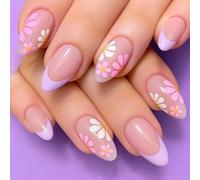 Daisy Flower French Tip Press On Nails - Short Almond Glossy Artificial Nails Reusable Easy To Apply For Women, Spring Summer Floral Manicure 24Pcs Set with Lavender Accent