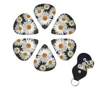 Daisy Flower Guitar Picks 6 Pack, 0.46mm Thickness Celluloid Bass Pick with Leather Guitar Pick Holder Keychain Abstract Art Pics Plectrum for Acoustic Electric Guitar, Ukulele, Bass