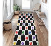 Daisy Flower Hallway Runner Rug 80x250 cm Long Washable, Black White Checkered Carpet Runner Rugs Non Slip, Kitchen Entryway Hall Bedroom Decor, Soft Low Pile awsdE291q