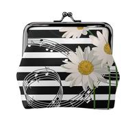 Daisy Flower Musical Note Stripe Pattern, PU Leather Coin Purse, Small Wallets, Change Pouch with Kiss Lock Clasp Buckle, Change Purse