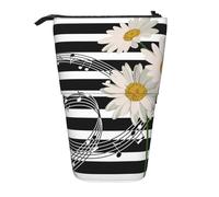 Daisy Flower Musical Note Stripe Pattern,Standing Pencil Holder Stationery Bag Pencil Pouch Organizer Telescopic Pencil Case
