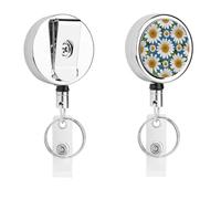 Daisy Flower Pattern Badge Reel Retractable Stainless Steel Badge Clip with Lanyard Cute Badges Reel Holder Heavy-Duty Nurse Doctor Name Tag Badges Clip for Work