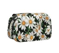 Daisy Flower Pattern Print Double Clamshell Pen Case, Zipper Pockets, Large Capacity For Art Supplies & Travel