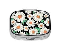 (Daisy Flower Pattern) Square Pill Box with 2 Compartment Small Pill Organizer Portable Pill Case Vitamin Containers, Travel Essentials 5.5x4x1.8 cm