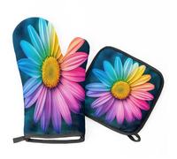 Daisy Flower Rainbow Colored Petals Oven Mitts & Pot Holders BBQ Gloves, Heat Resistant Kitchen Oven Gloves Hot Pads for Cooking Baking Grilling