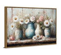 Daisy Flower Wall Art Vintage Pink Rose Canvas Pictures for Living Room Rustic White Floral Poster Botanical Prints Farmhouse Flowers Decor Framed Artwork for Kitchen Bathroom Home Decorations 30x40cm