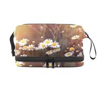 Daisy Flower Wild Chamomile Double Layer Cosmetic Bag for Women and Girls, Travel Toiletry Bag Makeup Handy Pouch Organiser Bag with Brush Compartment