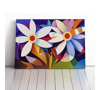 Daisy Flowers Abstract Blue, Grey, Yellow | Canvas Wall Art Print | Framed & Ready to Hang Picture | Modern Home Decor for Living Room, Bedroom, Kitchen or Office | 30x20 Inches