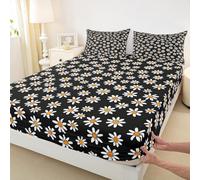 Daisy Flowers Bed Sheet Double Size,Spring Flower Bedding Set 3Pcs,Botanical Theme Floral Print Kids Fitted Sheets Boys Girls Room Decor,Black Deep Pocket Sheets,2 Pillowcases,No Flat Sheet