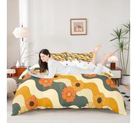 Daisy Flowers Bedding Set Wave Stripes Rainbow Comforter Cover Groovy Daisies Floral Duvet Cover Boys Girls Room Decor Khaki Orange Green Super King Bedding Collection 3Pcs,No Comforter