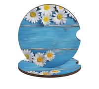 Daisy Flowers Blue Wooden Car Coasters for Cup Holder Wood Absorbent Cup Coaster 2.6 Inch Universal Non Slip Cork Base Drink Coaster Auto Interior Accessories for Women Men 2PCS