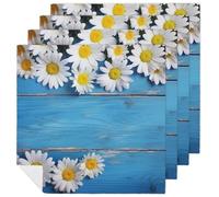 Daisy Flowers Blue Wooden Cloth Napkins Set of 4 Polyester Dinner Napkin Reusable Spring Table Napkins 18 X 18 Inch Outdoor Stain Resistant Table Decoration for Wedding Party