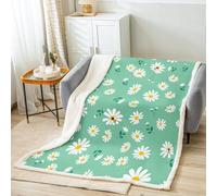 Daisy Flowers Fleece Throw Blanket Super Soft Cozy Daisy and Bee Sherpa Blanket for Kids Women Adults Green and White Plush Blanket Spring Floral Fuzzy Blanket for Sofa Bed(30x40 Inches)