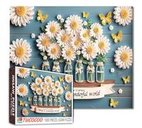 Daisy Flowers in Glass Bottle 1000 Piece Jigsaw Puzzle for Adults Blue Wooden Wall Background Butterflies Decorative Art Puzzles 20×27 Inches Challenging Educational for Home Or Classroom Decor