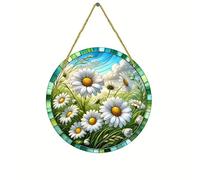 Daisy Flowers Leaf Stained Windows Hanging Suncatcher,Flower Stained Glass Suncatchers Window Ornament Stained Glass Panel Sun Catcher Wall Hanging Decor Birthday Gifts