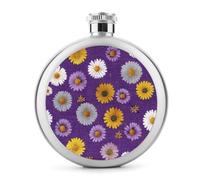 Daisy Flowers on Purple Linen Pattern Stainless Steel Hip Flask for Liquor, Round Pocket Portable Wine Flask for Drink 5 Oz