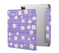 Daisy Flowers Purple Checked Stylish Tablet Case with Pen Holder Triple-fold Leather Protective Cover Compatible with IPad/IPAD Pro 2021 （11in）