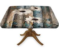 Daisy Flowers Square Fitted Tablecloth, Rustic Floral Blossom Washable Polyester Table Covers, Fits 36x36 In Table, Vintage Wood Planks Elastic Edge Table Cloth, for Holiday Party Banquet Dinner Use