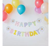 Daisy Happy Birthday Bunting Banner, 2m Length, 10.8x13.5cm Letters, with 12-inch Rainbow Balloons, Party Decoration Set