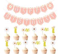 Daisy Happy Birthday Party Banner -12 Piece Daisy 1st Birthday Cupcake Decorations Set for Baby Shower Floral Theme Boho Party Decor Supplies