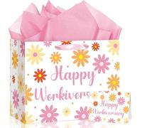 Daisy Happy Work Anniversary Paper Gift Bag with Tissue Paper and Card, Happy Workiversary Gift Bag Wrapping Paper for 10th 20th 25th 30th Work Anniversary Coworker Employee Appreciation Supplies