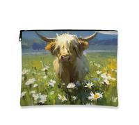 Daisy Highland Cow Makeup Bag, Pastoral Floral Pattern Cosmetic Travel Pouch for Women, Portable Small Canvas Zipper Organizer, Farmhouse Gift Toiletry Bag, Spring Season, White, 7x9 Inch, Cow